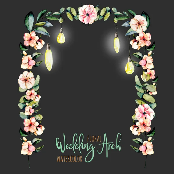 Watercolor floral wedding arch with hanging lamps for bridal design