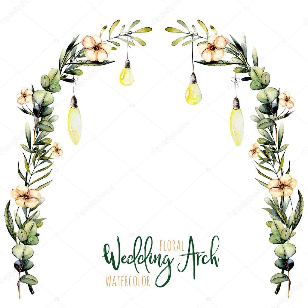 Watercolor floral wedding arch with hanging lamps for bridal design