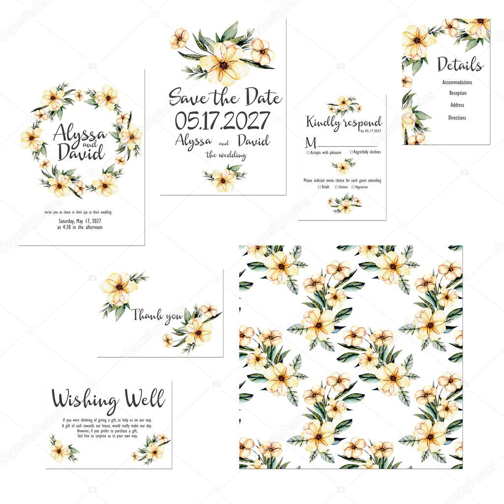 Template cards set with watercolor pink flowers illustrations