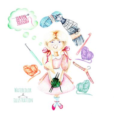 Şirin suluboya kız-needlewoman ve öğeleri esnaf örgü