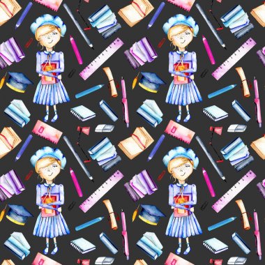 Suluboya akıllı kız öğrenci, kitap ve Kırtasiye nesneler ile Seamless Modeli