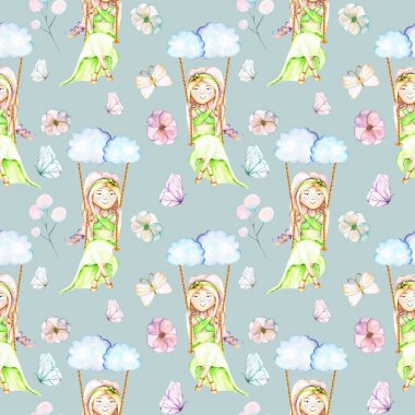 Suluboya kız bulutlar, kelebek ve çiçek bir salıncak üzerinde sallanan ile Seamless Modeli