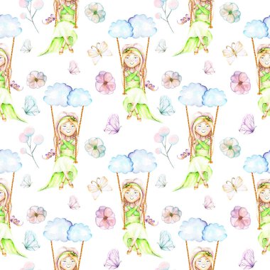 Suluboya kız bulutlar, kelebek ve çiçek bir salıncak üzerinde sallanan ile Seamless Modeli
