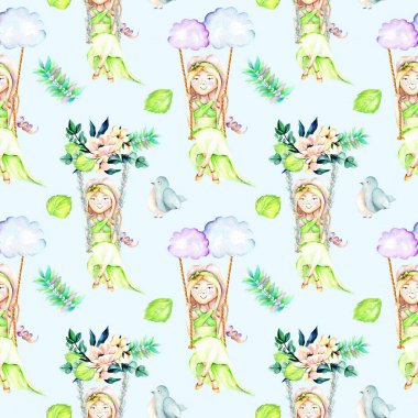 Suluboya kız bulutlar ve çiçek buketleri, kuşlar ve yaprakları bir salıncak üzerinde sallanan ile Seamless Modeli