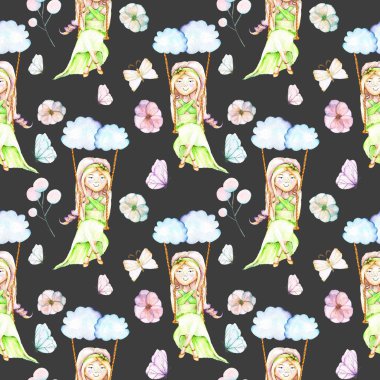 Suluboya kız bulutlar, kelebek ve çiçek bir salıncak üzerinde sallanan ile Seamless Modeli