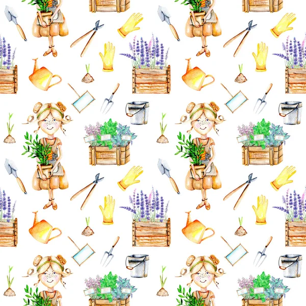 Seamless pattern with cute Gardener girl and garden tools illustrations — Stock Photo, Image