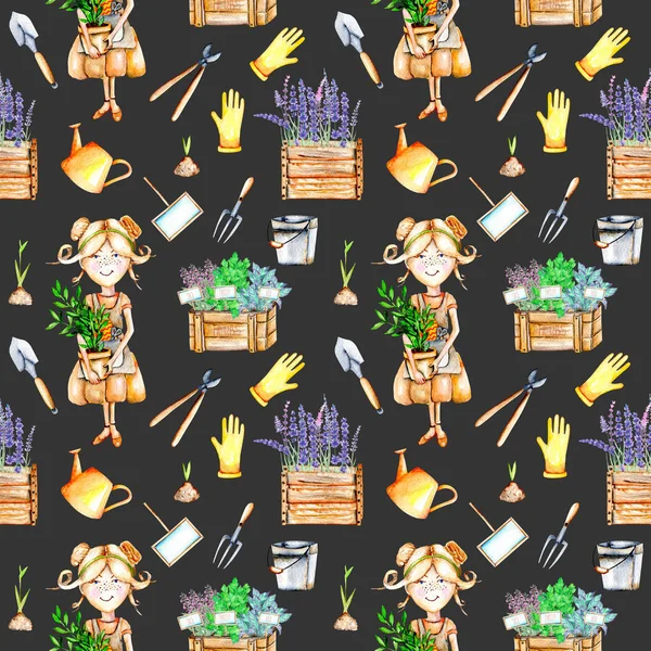 Nahtlose Muster mit niedlichen Gärtnerin Mädchen und Gartengeräte Illustrationen — Stockfoto