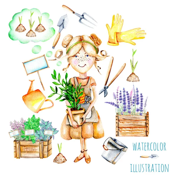 Roztomilý dívka zahradník a zahrada nástroje ilustrace — Stock fotografie
