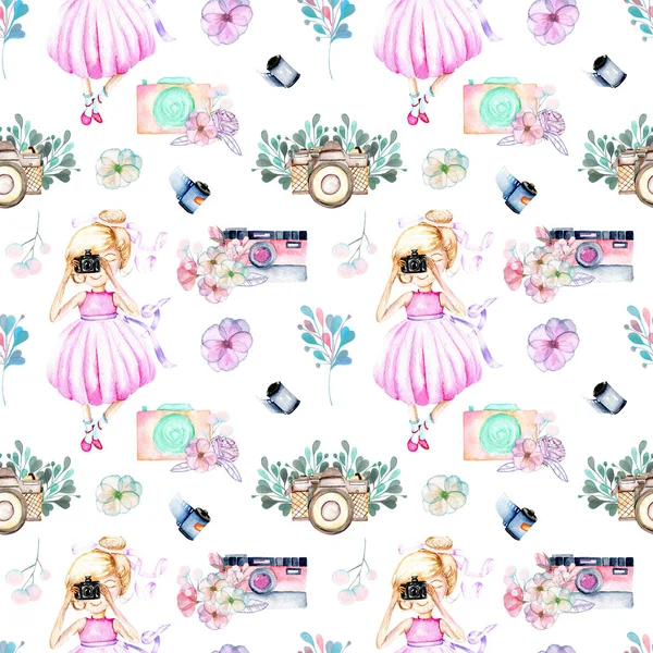 Seamless pattern with watercolor Girl-photographer, retro cameras and floral elements — Stock Photo, Image