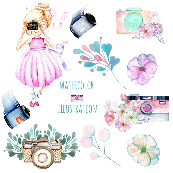 Set of watercolor Girl-photographer, retro cameras and floral elements — Stock Photo, Image