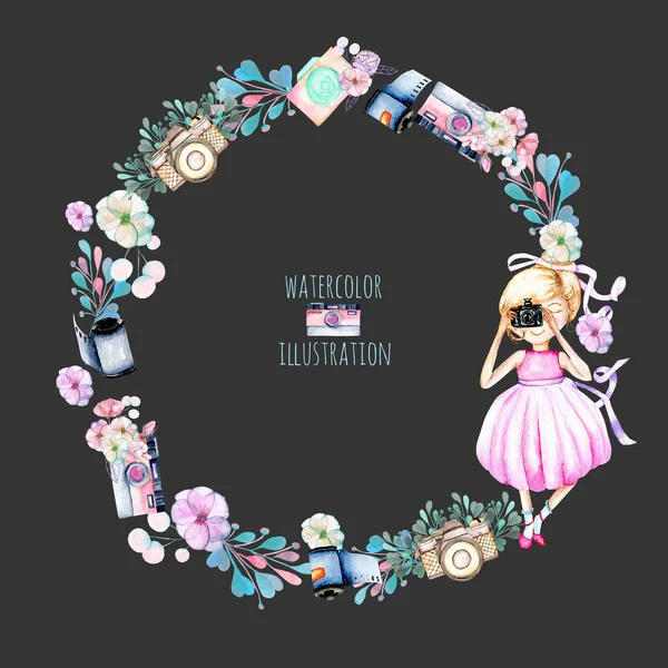 Wreath of watercolor Girl-photographer, retro cameras and floral elements — Stock Photo, Image