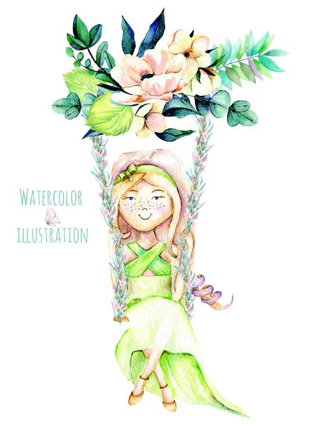 Aquarell-Illustration eines Mädchens, das auf einer Schaukel aus Blumenstrauß schwingt — Stockfoto