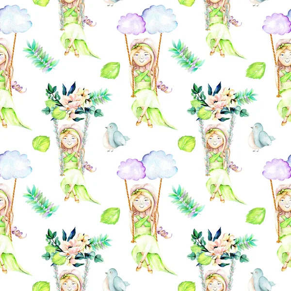 Suluboya kız bulutlar ve çiçek buketleri, kuşlar ve yaprakları bir salıncak üzerinde sallanan ile Seamless Modeli