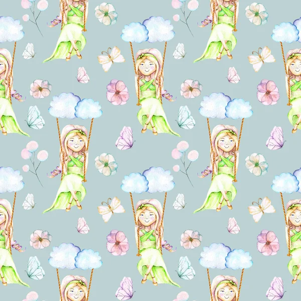 Suluboya kız bulutlar, kelebek ve çiçek bir salıncak üzerinde sallanan ile Seamless Modeli