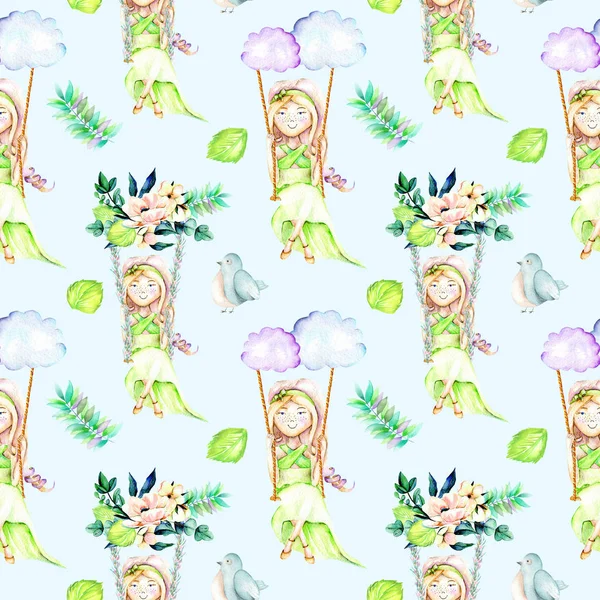 Suluboya kız bulutlar ve çiçek buketleri, kuşlar ve yaprakları bir salıncak üzerinde sallanan ile Seamless Modeli