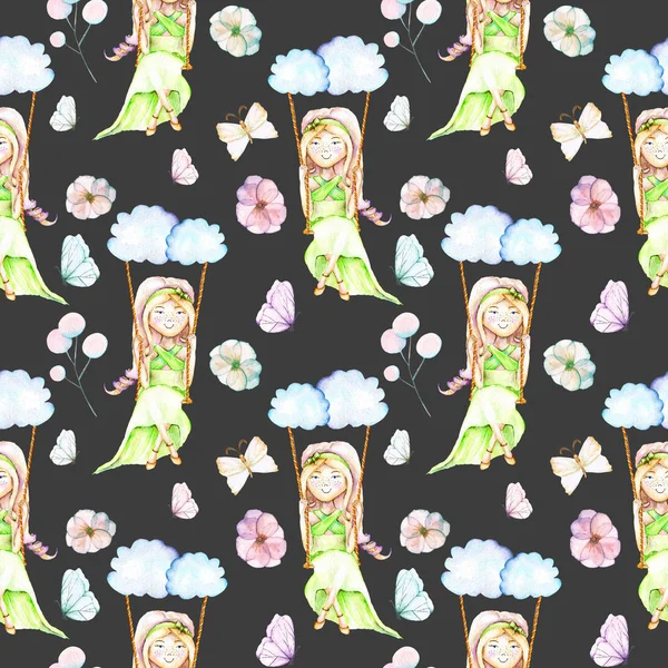 Suluboya kız bulutlar, kelebek ve çiçek bir salıncak üzerinde sallanan ile Seamless Modeli