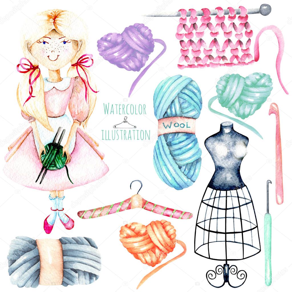 Set of watercolor cute Girl-needlewoman and knitting elements: yarn, knitting needles and crochet hooks