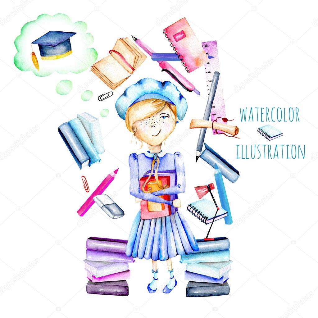 Illustration of watercolor smart schoolgirl, books and stationery objects