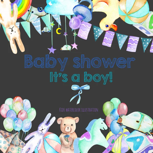 Karta šablony, hranice rámečku s baby boy sprcha akvarel prvky (hračky, auta, duha, Bradavky, slavnostní vlajky a jiné) — Stock fotografie