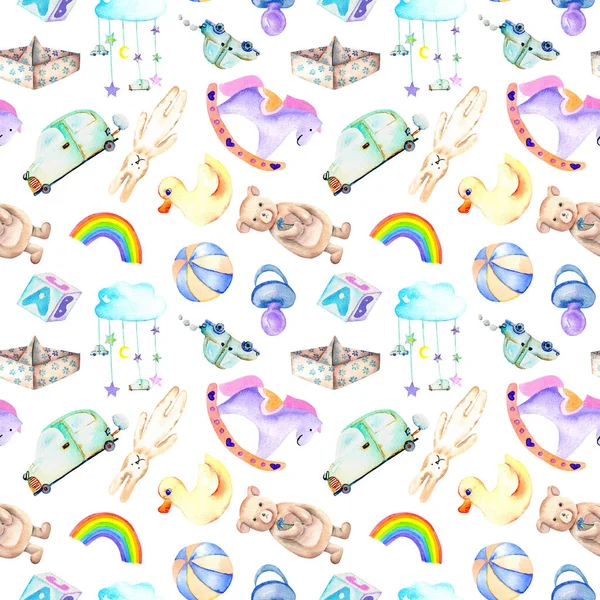아기 소년 샤워 수채화 요소 (장난감, 자동차, 레인 보우, 젖꼭지, 종이 배 등 완벽 한 패턴) — 스톡 사진