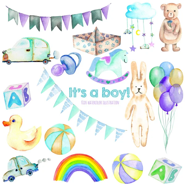 Αγόρι μωρό ντους ακουαρέλα στοιχεία που (παιχνίδια, αυτοκίνητα, αερόστατα, ουράνιο τόξο, θηλή, σημαίες και άλλα), Χειροποίητη απομονωθεί σε λευκό φόντο — Φωτογραφία Αρχείου