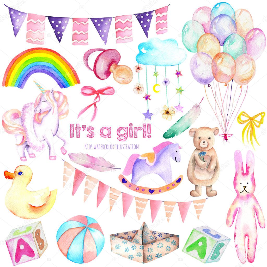 Baby girl shower watercolor elements set (toys, unicorn, air balloons, rainbow, nipple, feathers and other)