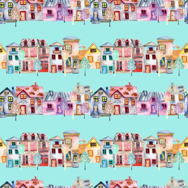 Sevimli çizgi ile Seamless Modeli suluboya İngilizce bir satır ve ağaç evler
