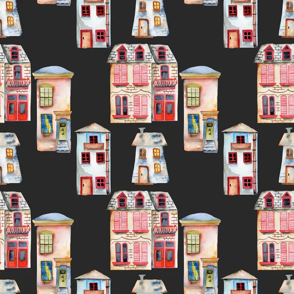 Бесшовный узор с акварельными английскими домами — стоковое фото