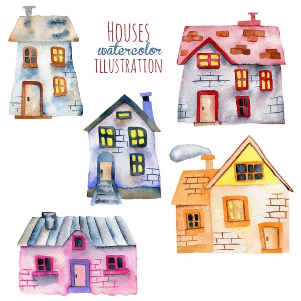 Set of watercolor cartoon private houses — Stock Photo, Image