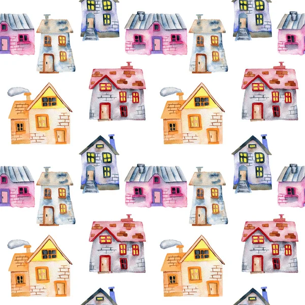 Seamless pattern with watercolor cartoon private houses — Stock Photo, Image