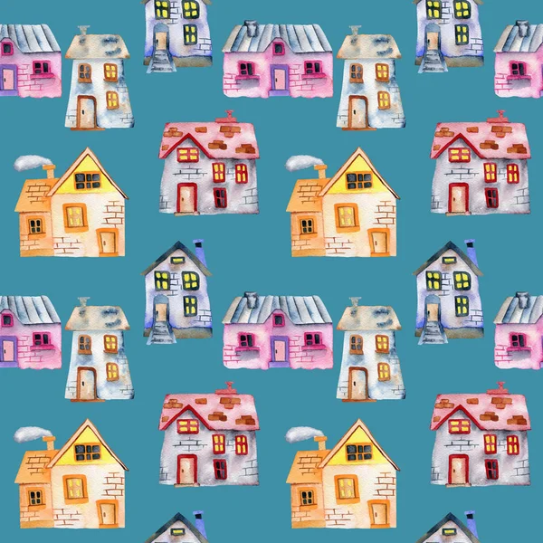Seamless pattern with watercolor cartoon private houses