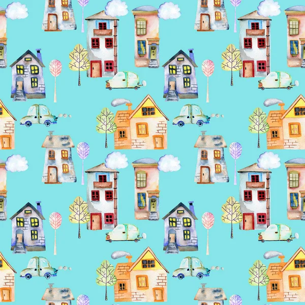 Naadloze patroon met schattige cartoon aquarel Engelse huizen, auto's, bomen en wolken — Stockfoto