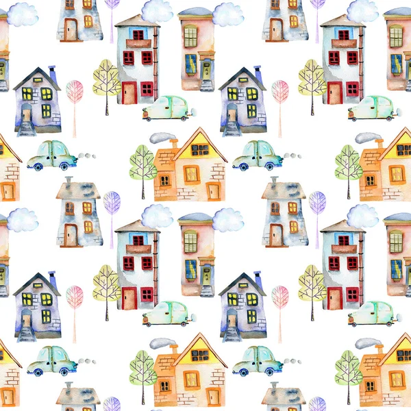 Безшовний візерунок з милим мультиплікаційним акварельним англійським будинком, машинами, деревами та хмарами — стокове фото