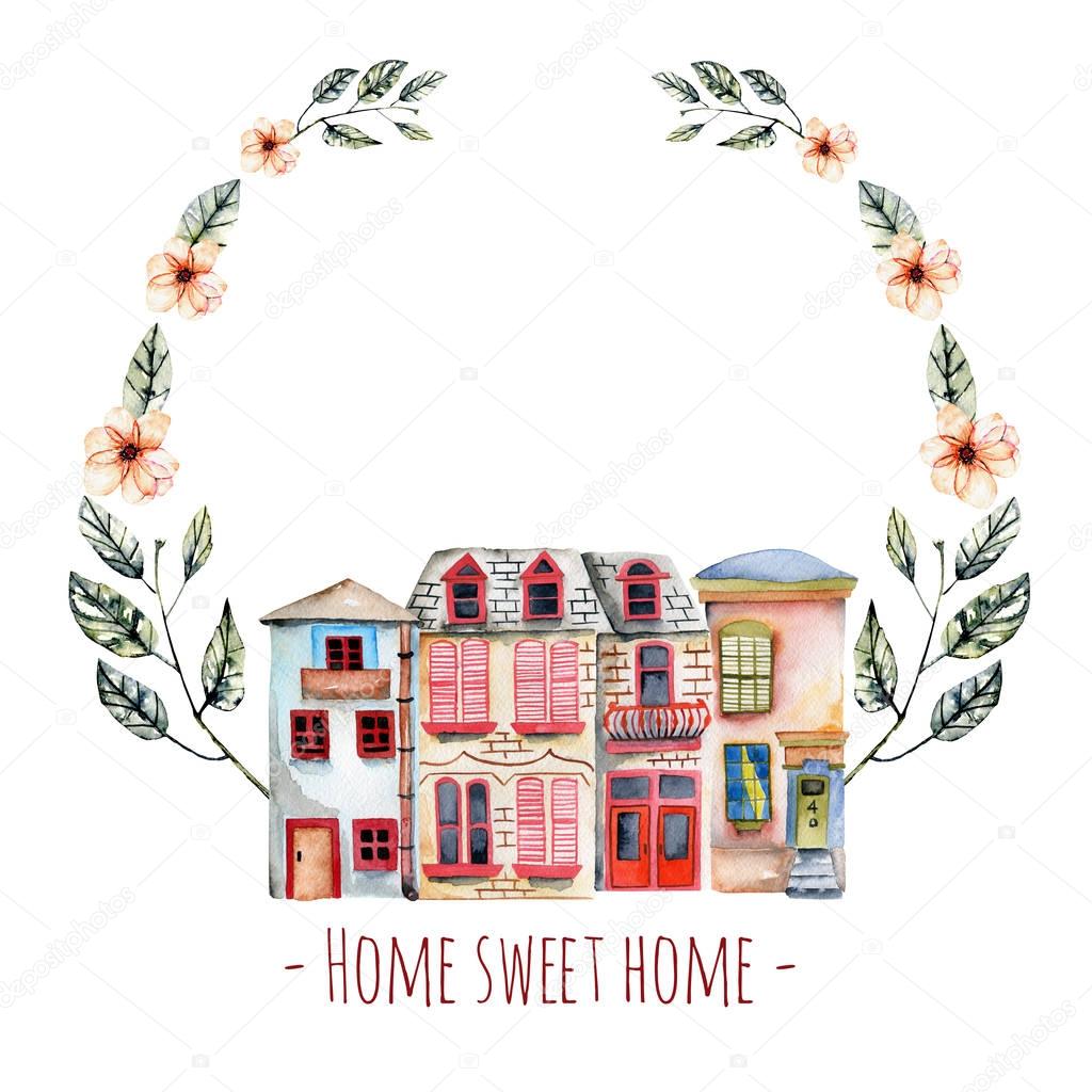 Floral wreath with watercolor english houses, with an inscription ''Home sweet home'', hand painted isolated on a white background
