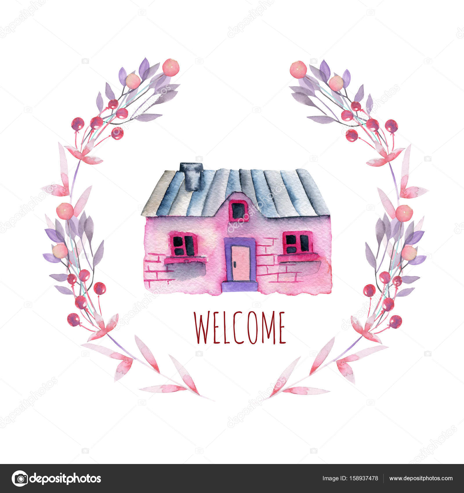 Watercolor cartoon private house inside the floral wreath in purple and  pink shades Stock Photo by ©NastyaSklyarova 158937478