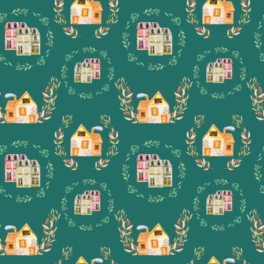 Suluboya İngilizce karikatür ile Seamless Modeli çiçek çelenk içinde evler