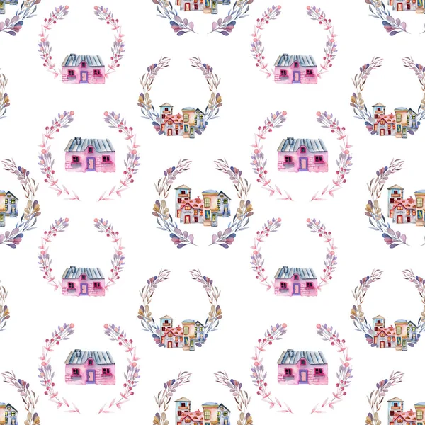 Seamless pattern with watercolor cartoon houses inside the floral wreaths in purple shades — Stock Photo, Image