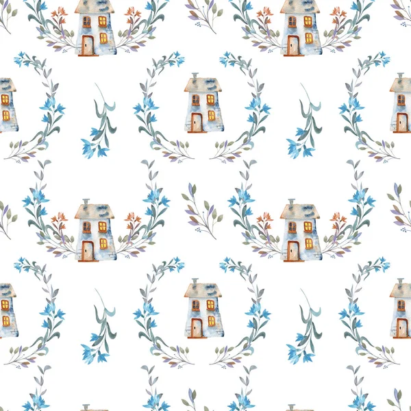 Seamless pattern with watercolor cartoon private house inside the floral wreaths