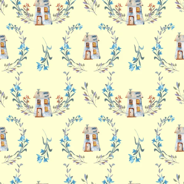 Seamless pattern with watercolor cartoon private houses inside the floral wreaths