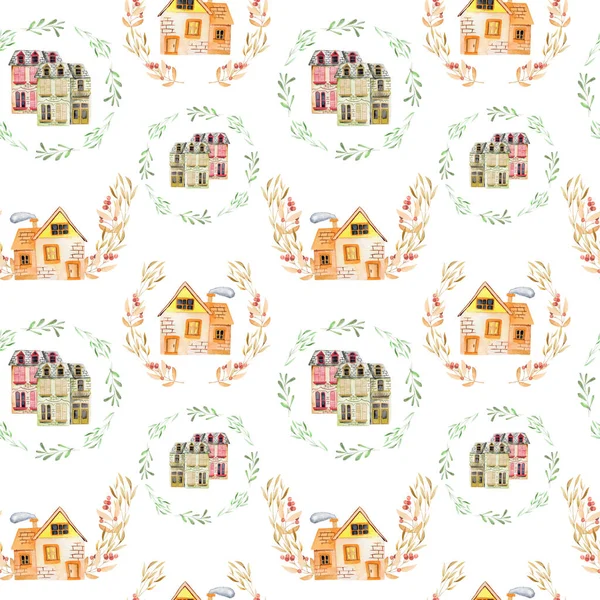 Seamless pattern with watercolor english cartoon houses inside the floral wreaths — Stock Photo, Image