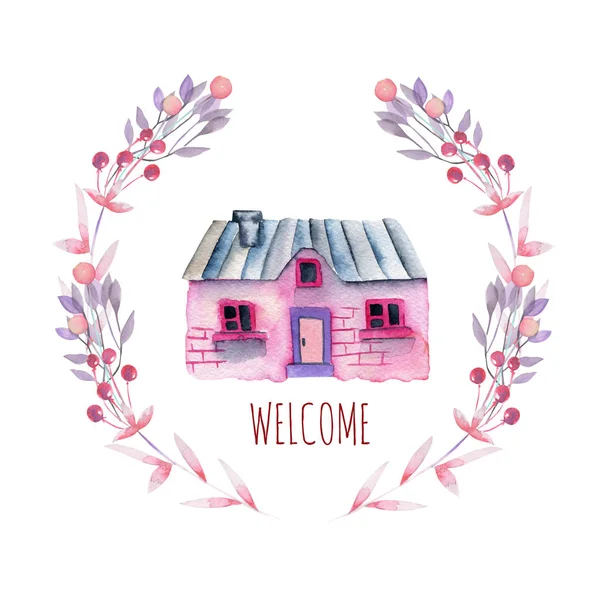 Watercolor cartoon private house inside the floral wreath in purple and pink shades — Stock Photo, Image