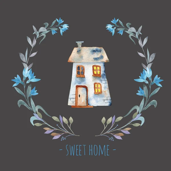 Acquerello cartone animato casa privata all'interno corona floreale in tonalità blu — Foto Stock