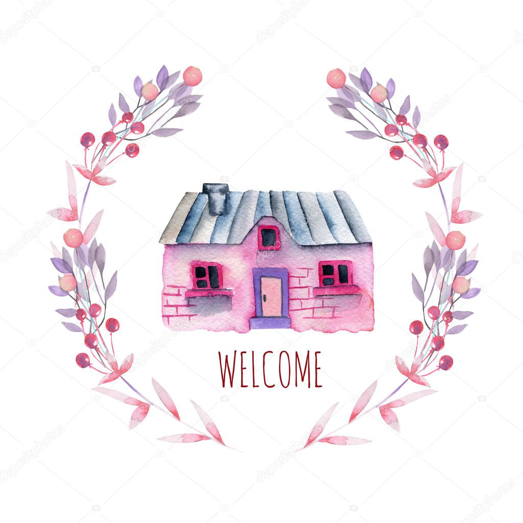 Watercolor cartoon private house inside the floral wreath in purple and pink shades, hand painted isolated on a white background