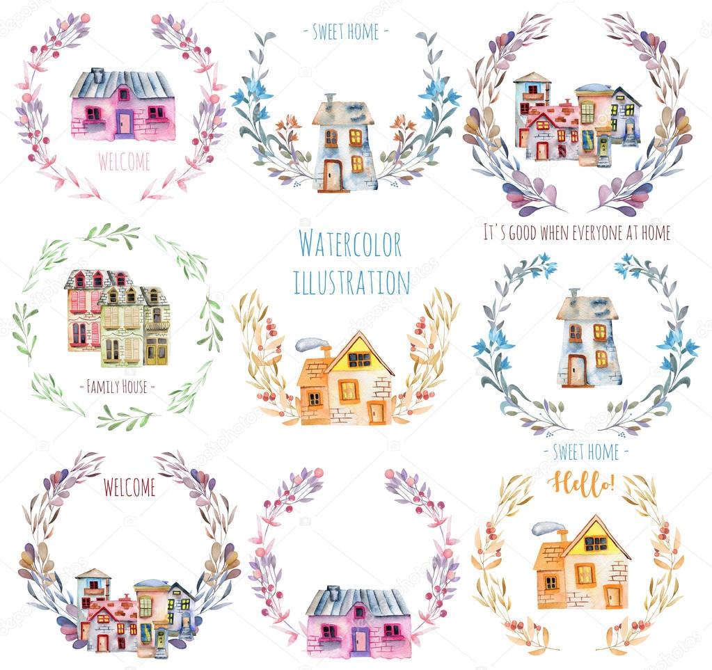 Set, collection of watercolor cartoon houses inside the floral wreaths, hand painted isolated on a white background, to create a logo, symbol, home decor etc