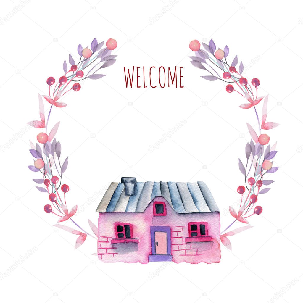 Floral wreath with watercolor cartoon private house in purple and pink shades, hand painted isolated on a white background