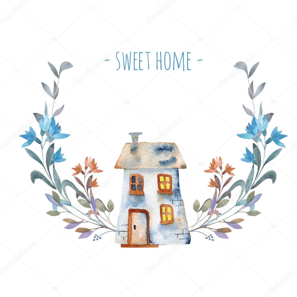 Watercolor cartoon private house with floral wreath in blue shades, hand painted isolated on a white background