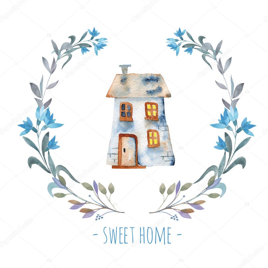 Watercolor cartoon private house inside floral wreath in blue shades, hand painted isolated on a white background