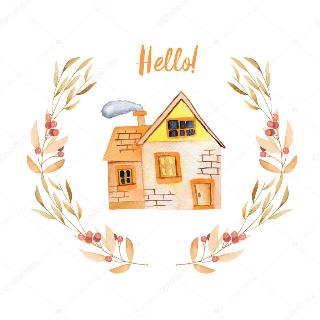 Watercolor cartoon private house inside floral wreath in autumn shades, hand painted isolated on a white background