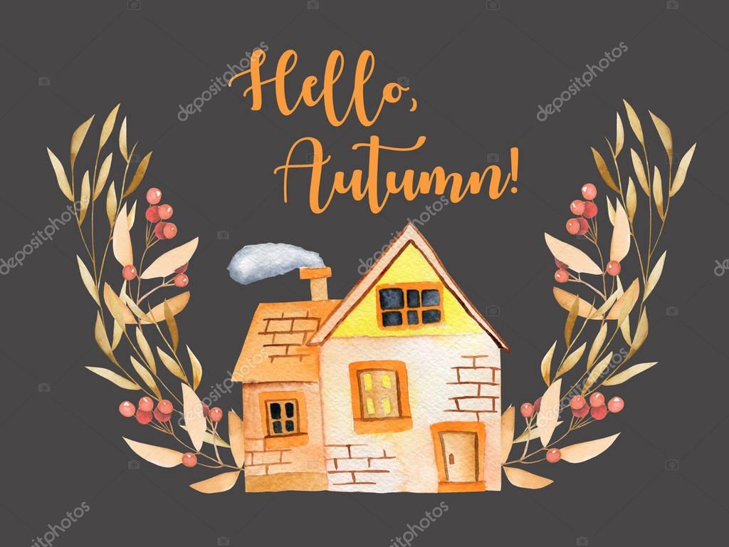 Watercolor cartoon private house with floral wreath in autumn shades, hand painted isolated on a dark background