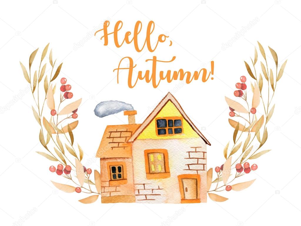 Watercolor cartoon private house with floral wreath in autumn shades, hand painted isolated on a white background